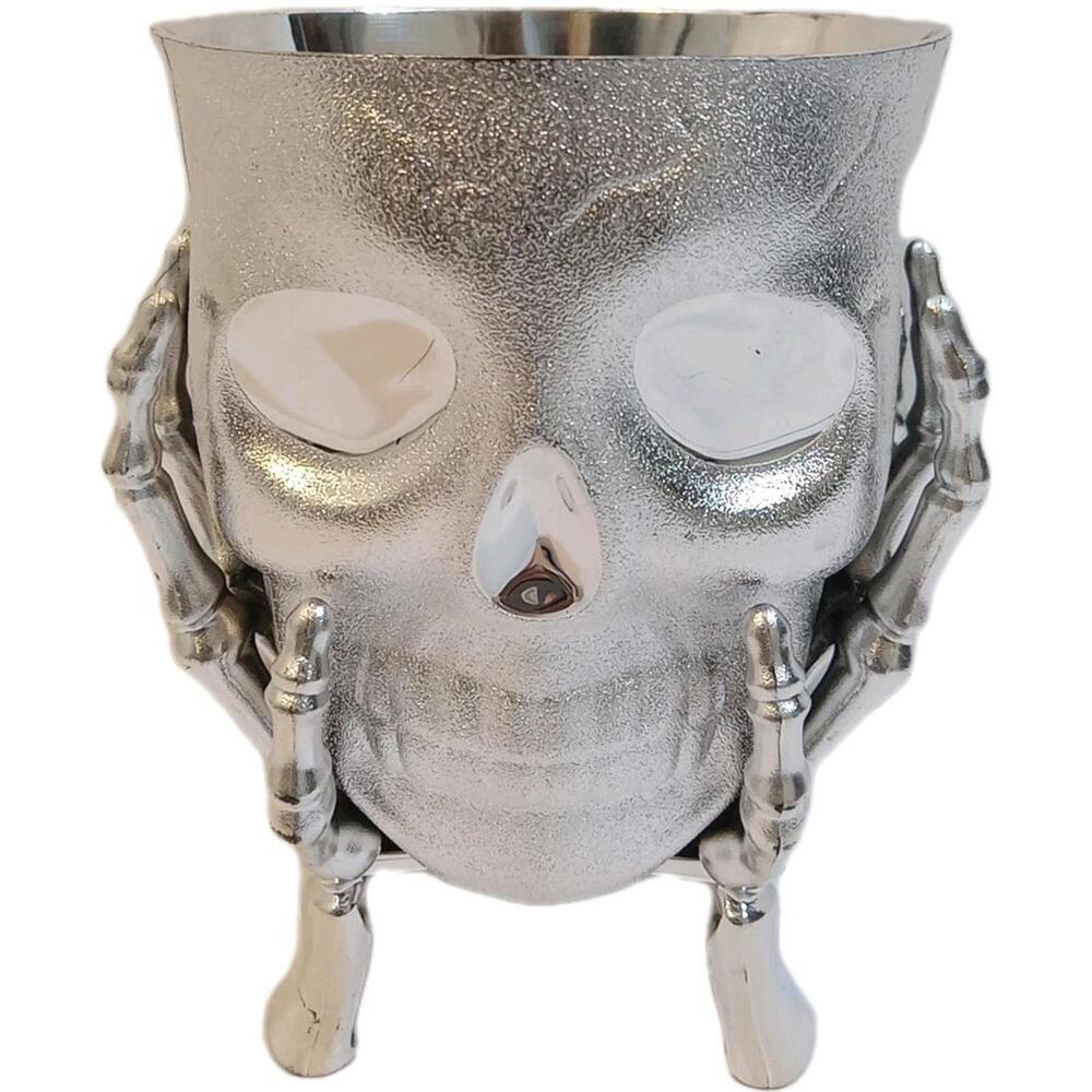 Halloween Skull Table Bowl Silver Metallic Chrome Candy Dish Skeleton Hands